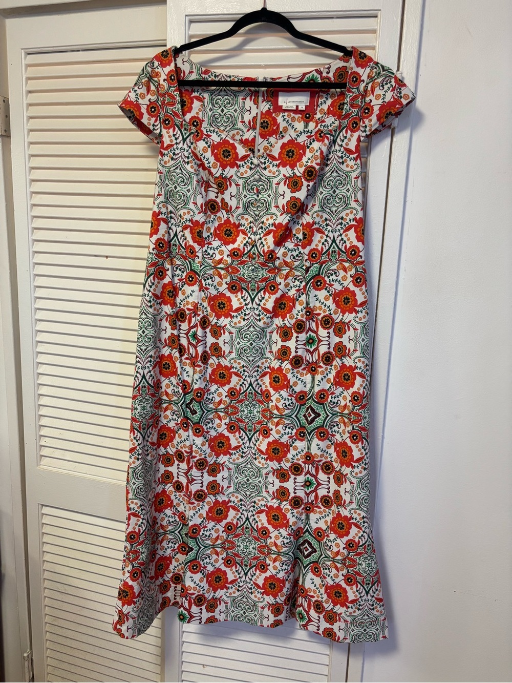 Cecily Anthropologie White Dress with Orange Floral & Green Tile Print